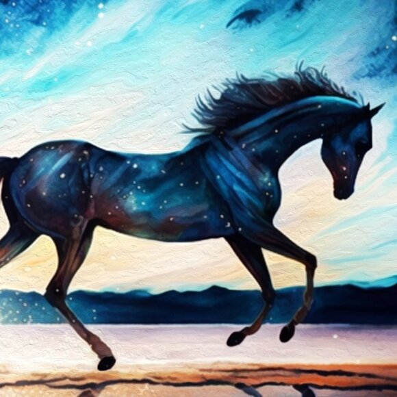 8x8 Framed Black Stallion Horse Under The Stars Watercolor Oil Painting Print - Picture 4 of 9
